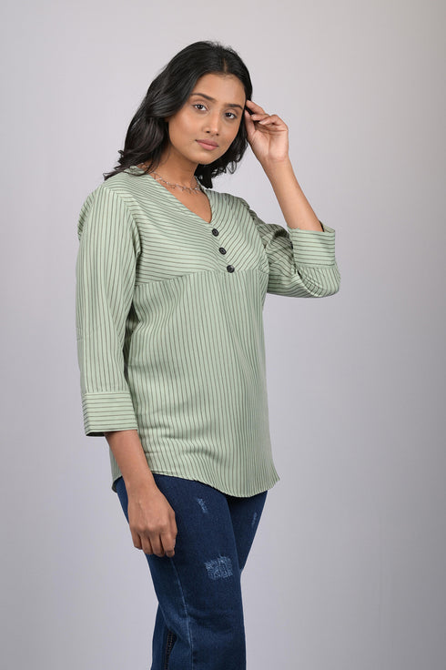 Party wear top for women western wear top stylish top trending 3/4 sleeve Light Green And Black Striped V-Neck Top (OTL-TPS1057)
