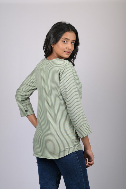 Party wear top for women western wear top stylish top trending 3/4 sleeve Light Green And Black Striped V-Neck Top (OTL-TPS1057)