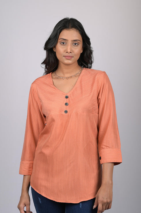 Light Orange western wear top for women stylish and trending tops daily wear Striped V-Neck Top (OTL-TPS1058)