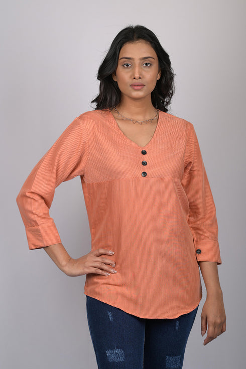 Light Orange western wear top for women stylish and trending tops daily wear Striped V-Neck Top (OTL-TPS1058)