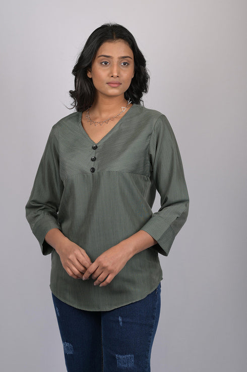 Women’s Olive Green Cotton Top |3/4 Sleeves, Casual Wear (OTL-TPS1059)