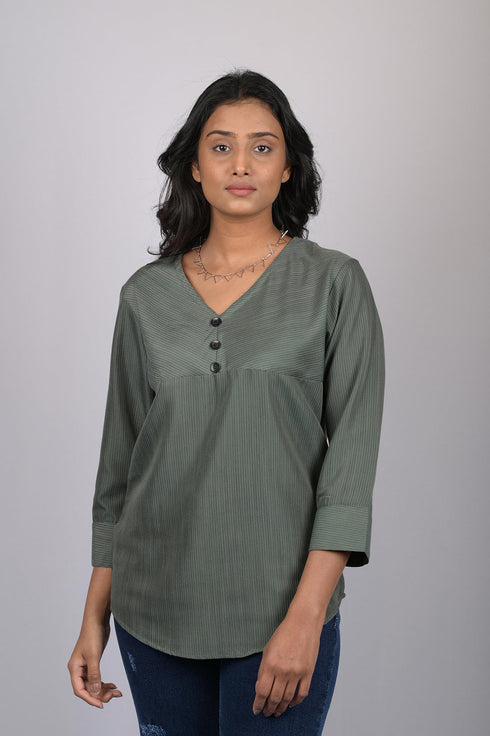 Women’s Olive Green Cotton Top |3/4 Sleeves, Casual Wear (OTL-TPS1059)
