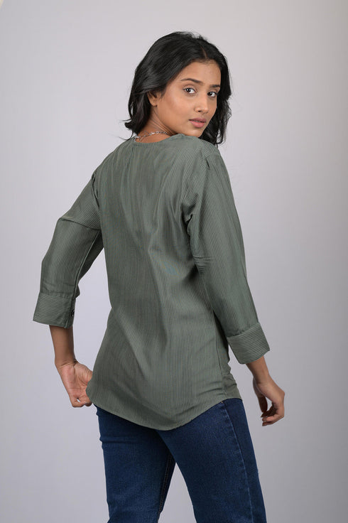 Women’s Olive Green Cotton Top |3/4 Sleeves, Casual Wear (OTL-TPS1059)