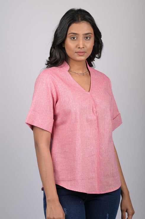 Western wear top for women western wear stylish and trending top short sleeve Light Pink V-Neck Top With Collar (OTL-TPS1060)