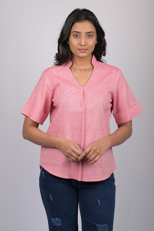 Western wear top for women western wear stylish and trending top short sleeve Light Pink V-Neck Top With Collar (OTL-TPS1060)