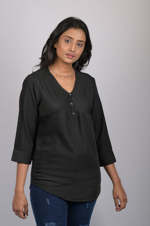 V neck top for women western party wear with button Black Striped V-Neck Top (OTL-TPS1063)