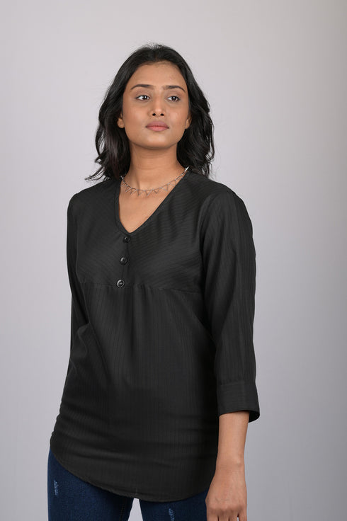 V neck top for women western party wear with button Black Striped V-Neck Top (OTL-TPS1063)