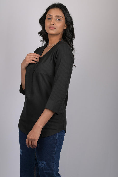 V neck top for women western party wear with button Black Striped V-Neck Top (OTL-TPS1063)