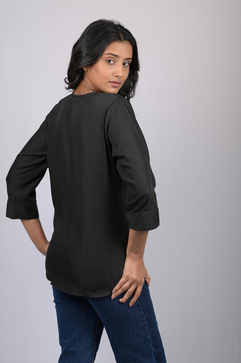 V neck top for women western party wear with button Black Striped V-Neck Top (OTL-TPS1063)