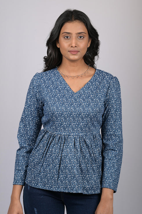 women top for women western wear stylish and trending top for womens Blue Floral Printed V-Neck Top (OTL-TPS1064)