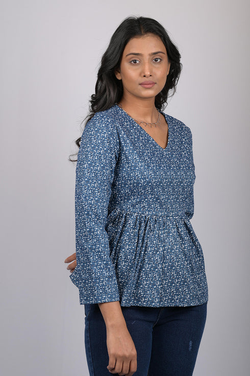 women top for women western wear stylish and trending top for womens Blue Floral Printed V-Neck Top (OTL-TPS1064)