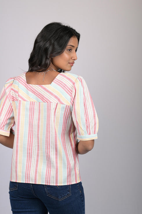 Magic cotton for women western wear Light Pink Striped Top With Square Neck (OTL-TPS1069)
