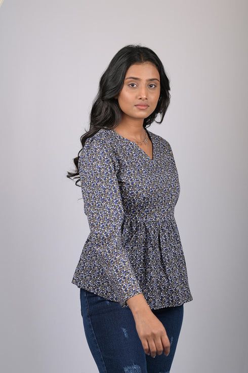 Floral print for women western wear womens top party wear cotton Blue And White Floral Print Top (OTL-TPS1070)