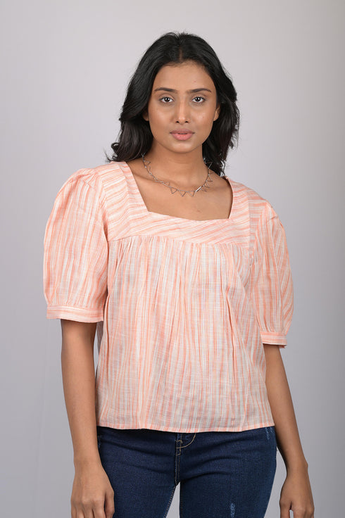 Party wear magic cotton top for women Light Orange Striped Top With Square Neck (OTL-TPS1071)
