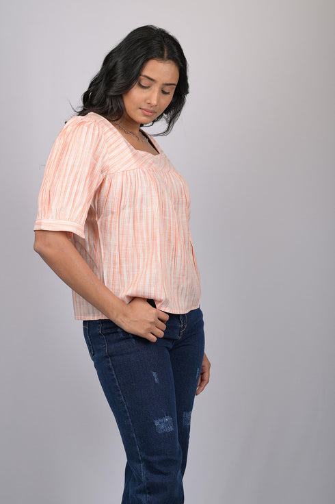 Party wear magic cotton top for women Light Orange Striped Top With Square Neck (OTL-TPS1071)