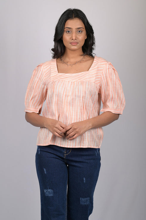 Party wear magic cotton top for women Light Orange Striped Top With Square Neck (OTL-TPS1071)