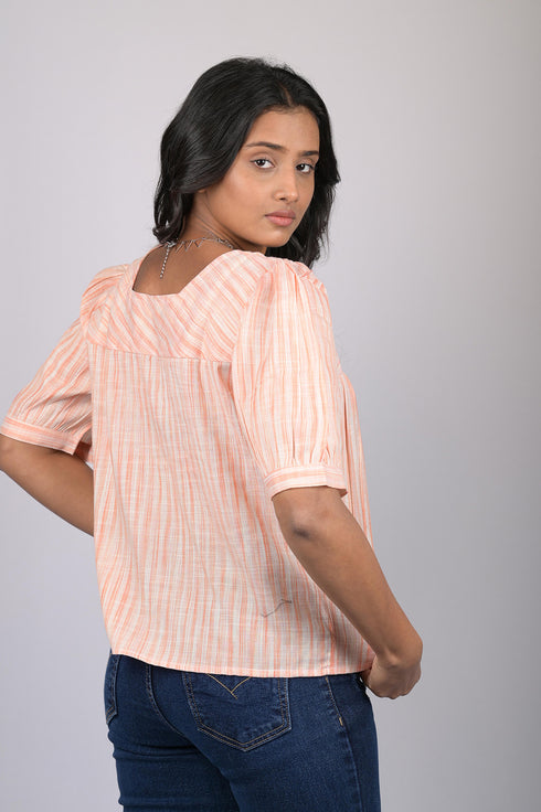 Party wear magic cotton top for women Light Orange Striped Top With Square Neck (OTL-TPS1071)