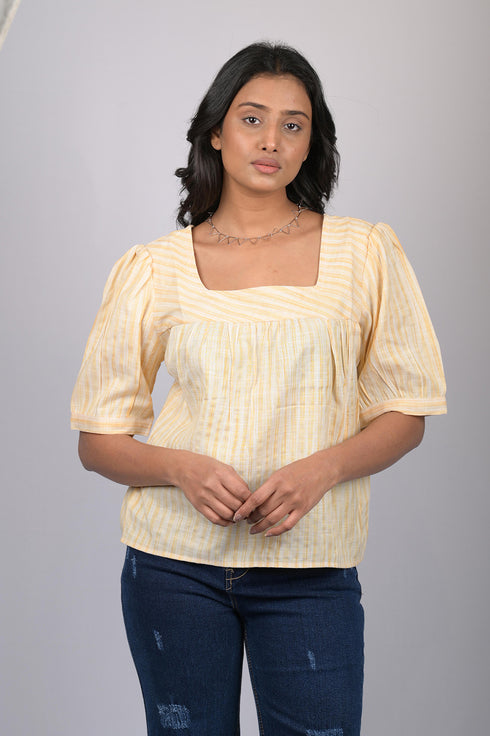 Party wear stripe printed cotton Yellow Lemon Striped Top With Square Neck (OTL-TPS1072)