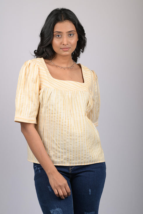 Party wear stripe printed cotton Yellow Lemon Striped Top With Square Neck (OTL-TPS1072)
