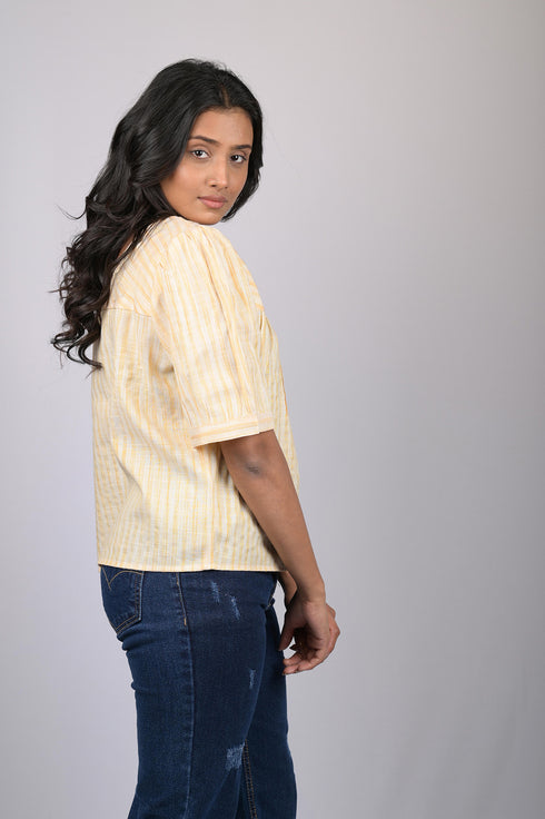 Party wear stripe printed cotton Yellow Lemon Striped Top With Square Neck (OTL-TPS1072)