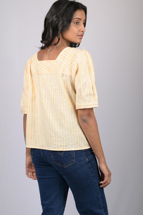 Party wear stripe printed cotton Yellow Lemon Striped Top With Square Neck (OTL-TPS1072)
