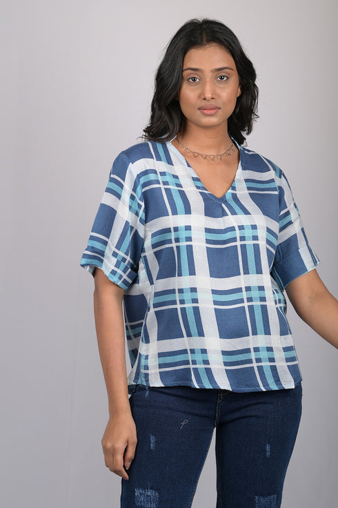 V-Neck Blue Checks Top (OTL-TPS1073)