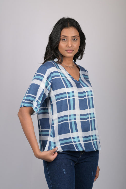 V-Neck Blue Checks Top (OTL-TPS1073)
