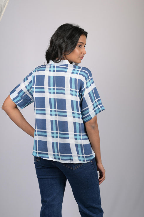 V-Neck Blue Checks Top (OTL-TPS1073)