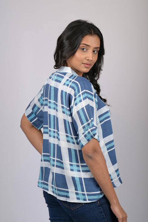 V-Neck Blue Checks Top (OTL-TPS1073)
