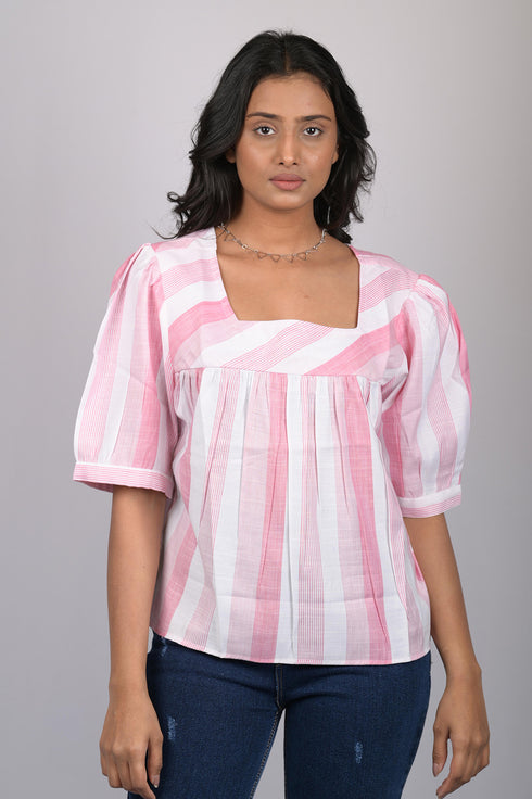 Top for women stylish and trending printed Cotton Light Pink Striped Top With Square Neck (OTL-TPS1075)