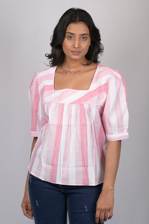 Top for women stylish and trending printed Cotton Light Pink Striped Top With Square Neck (OTL-TPS1075)