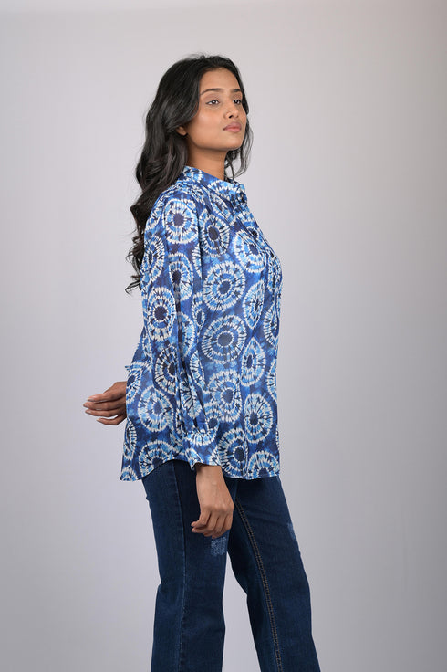 top for women stylish tops western wear trending top Blue Printed Long Sleeves Top (OTL-TPS1078)
