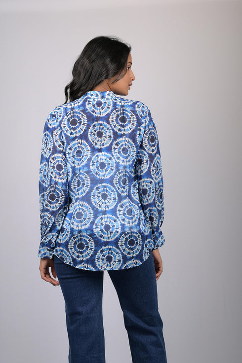 top for women stylish tops western wear trending top Blue Printed Long Sleeves Top (OTL-TPS1078)