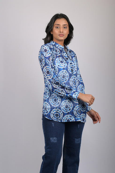 top for women stylish tops western wear trending top Blue Printed Long Sleeves Top (OTL-TPS1078)