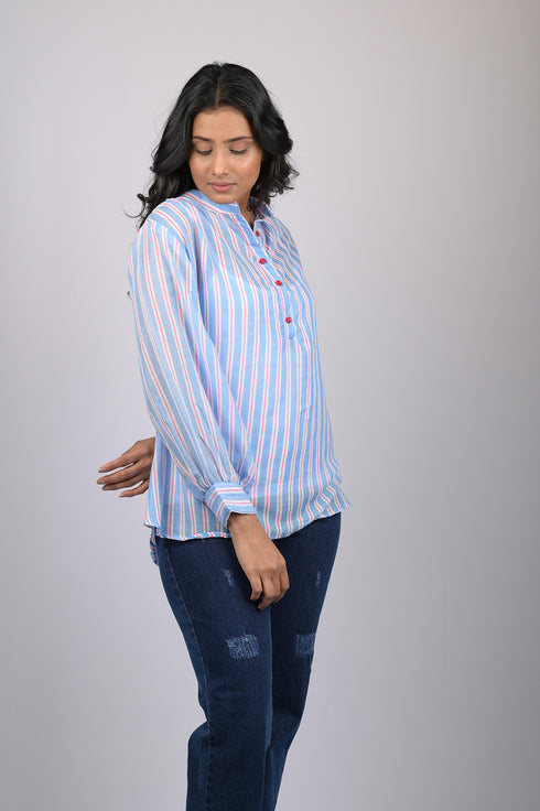 Chiffon top for women western wear stylish top trending Light Blue Striped Top With Long Sleeves (OTL-TPS1080)