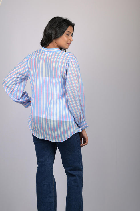 Chiffon top for women western wear stylish top trending Light Blue Striped Top With Long Sleeves (OTL-TPS1080)
