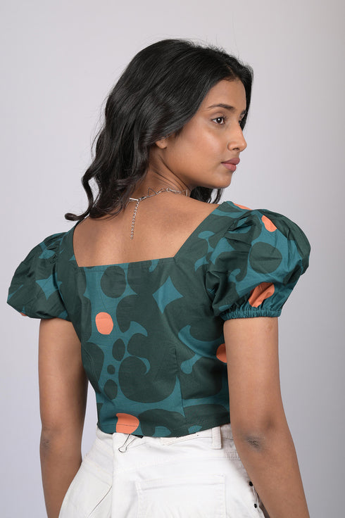 Party wear crop top for western wear party wear daily wear and party wear Dark Green Crop Top With Puff Sleeves (OTL-TPS10102)