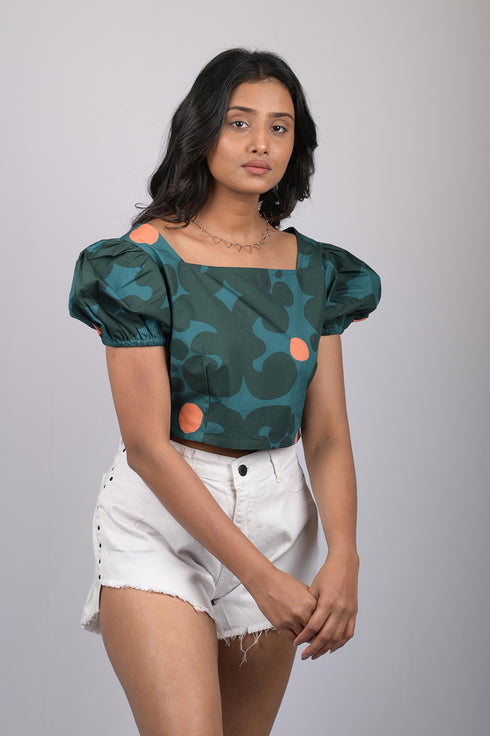 Party wear crop top for western wear party wear daily wear and party wear Dark Green Crop Top With Puff Sleeves (OTL-TPS10102)