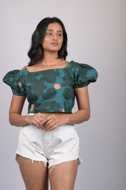 Party wear crop top for western wear party wear daily wear and party wear Dark Green Crop Top With Puff Sleeves (OTL-TPS10102)