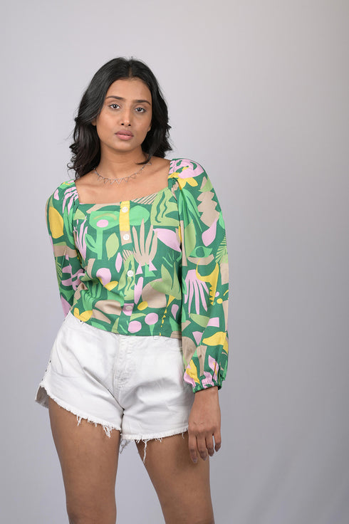 Printed Crop Top With Balloon Sleeves (OTL-TPS1084)