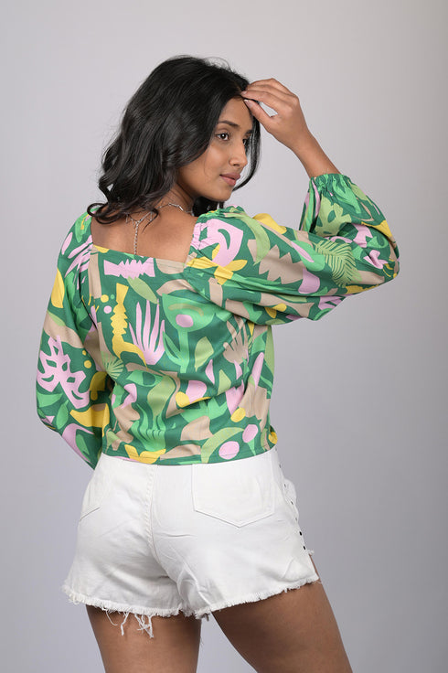 Printed Crop Top With Balloon Sleeves (OTL-TPS1084)