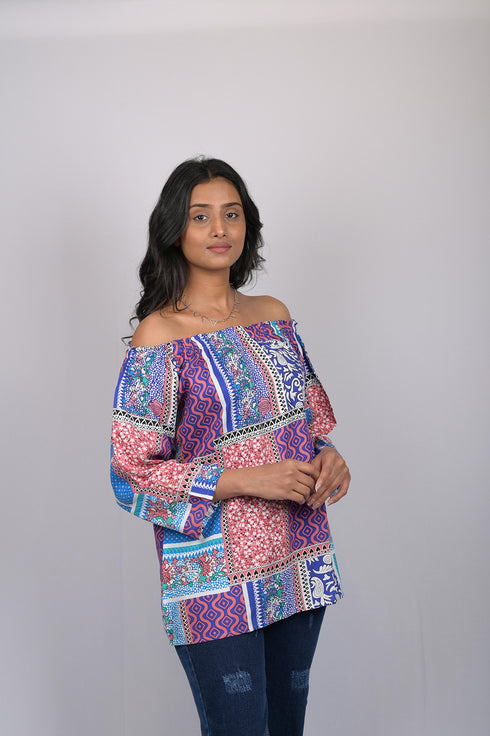 Stylish top for women party wear and birthday valentine day Multicolor Floral Print Off Shoulder Pattern (OTL-TPS1086)