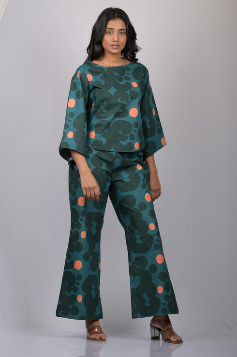 OWO THE LABEL Printed Co-ords Bottle Green Colour Top & Bottom (OTL-CO-RD-1001)