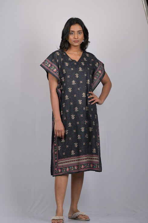 OWO THE LABEL Black Colour Floral Print Kaftan With Designer Border (OTL-KFTN-1001)