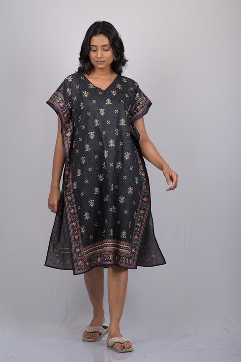 OWO THE LABEL Black Colour Floral Print Kaftan With Designer Border (OTL-KFTN-1001)