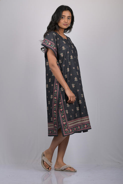 OWO THE LABEL Black Colour Floral Print Kaftan With Designer Border (OTL-KFTN-1001)