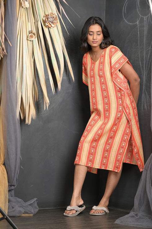 OWO THE LABEL V-Neck Style Light Orange Striped Printed Kaftan (OTL-KFTN-1003)