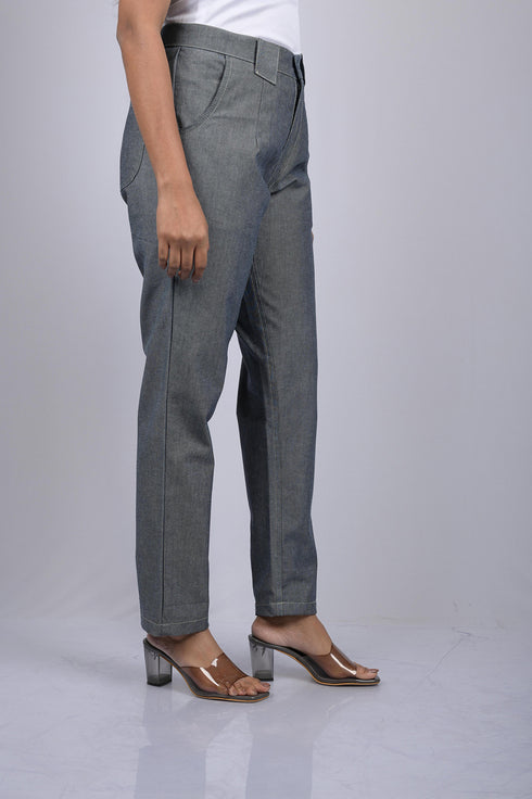 Denim pant Solid pants with pocket for women daily use and party wear casual style Grey Cotton Denim Silk Pant (OTL-PNT-1006)
