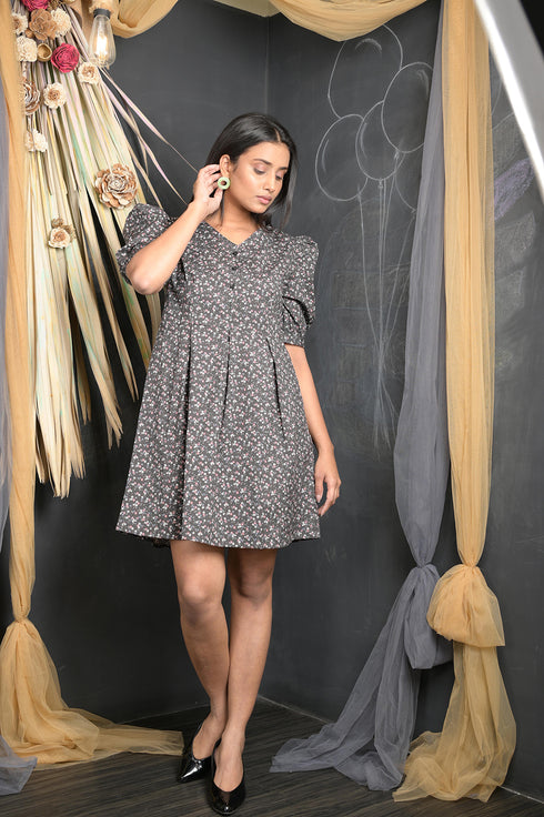 OWO THE LABEL Cotton Dress For Women Black Floral Print Knee Length Dress (OTL-DRS1039)