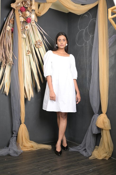 OWO THE LABEL Half sleeve Dress For Women White Colour Knee Length Dress (OTL-DRS1041)